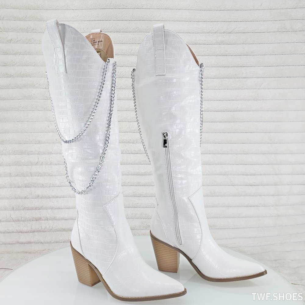 Dallas White Snake Texture Western Knee High Draped Chain Cowgirl Boots